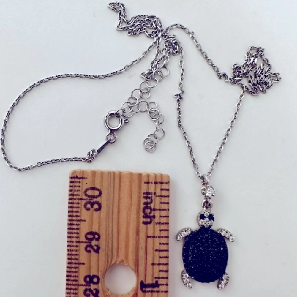925 Silver turtle necklace black / clear cz stones